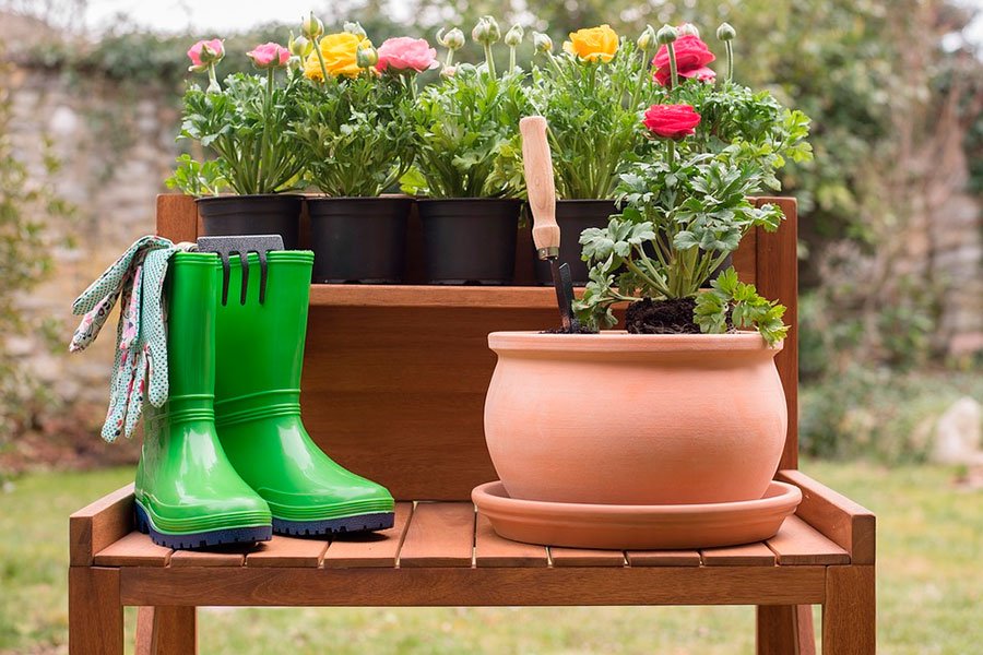 aparecen unas macetas de diferentes materiales. tambien unas botas de goma verdes para el jardin y algunas herramientas para la siembra