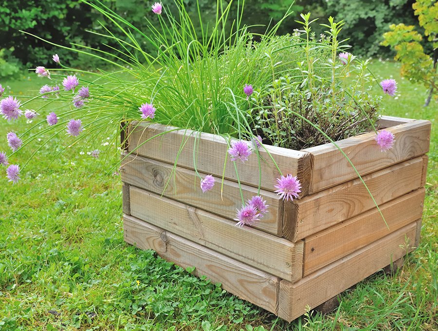 Un macetero cuadrado de madera en un jardín. Está encima del césped. Dentro tiene algunas plantas decorativas con flores rosas y violetas.