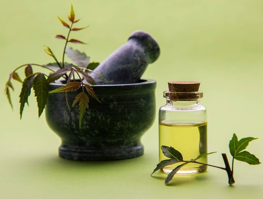 Un frasco pequeño lleno de aceite de neem. Está junto a un mortero y algunas hojas de lila o azadirachta.