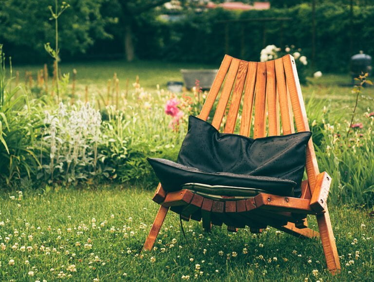 Una silla de madera en un jardín con arbustos decorativos de varias especies.